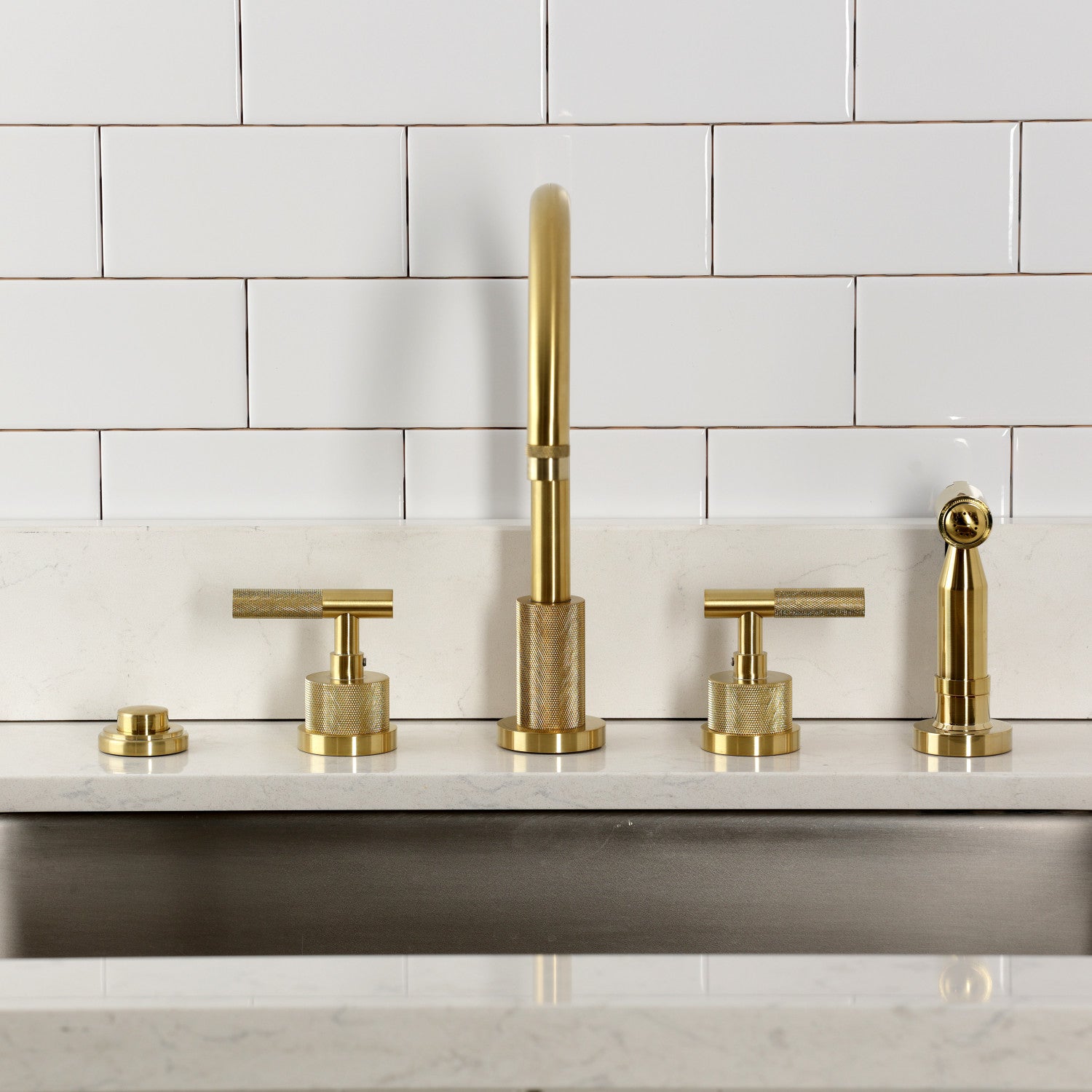Kingston Sona KS8727KNLBS - Convergent Double-Handle 4-Hole Widespread Kitchen Faucet with Knurled Handle 4-Hole and Brass Sprayer, Brushed Brass — thumbnail 3